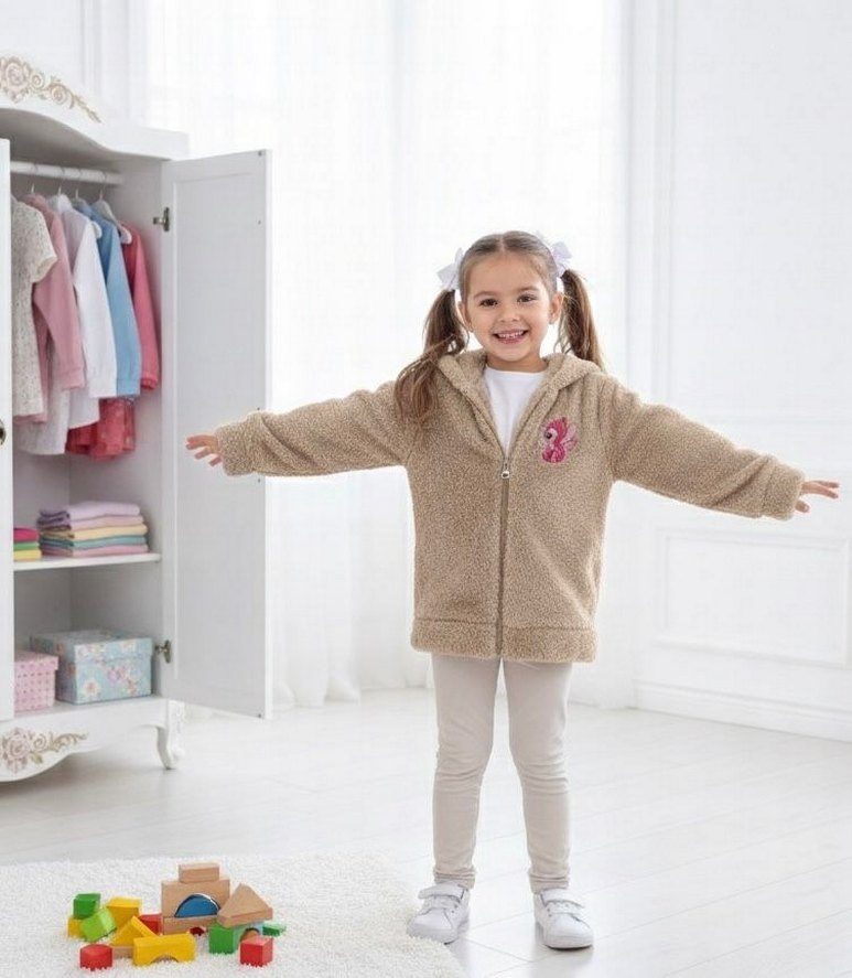 Nakışlı Kürk Detaylı Kız Çocuk Polar Hırka - Görsel 2