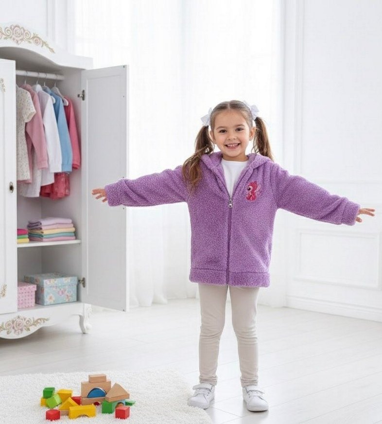 Nakışlı Kürk Detaylı Kız Çocuk Polar Hırka - Görsel 4