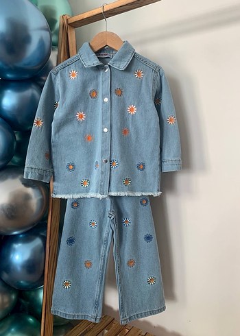 Kız Çocuk Mavi Denim Çiçekli Takım - Görsel 2