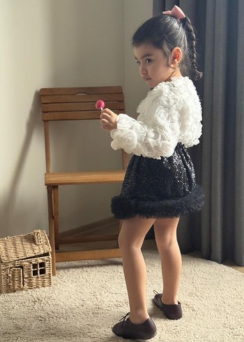 Nakışlı Beyaz Kabartmalı  Kız Etek takim - Görsel 3