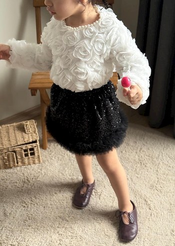 Nakışlı Beyaz Kabartmalı  Kız Etek takim - Görsel 2