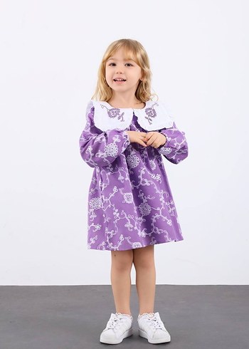 Lila Nakışlı Uzun Kollu Bohem Kız Elbisesi - Görsel 3