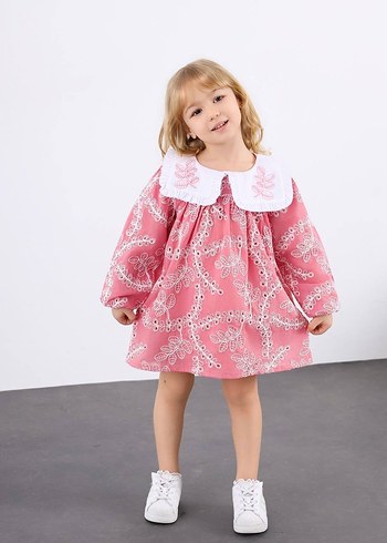 Lila Nakışlı Uzun Kollu Bohem Kız Elbisesi - Görsel 5