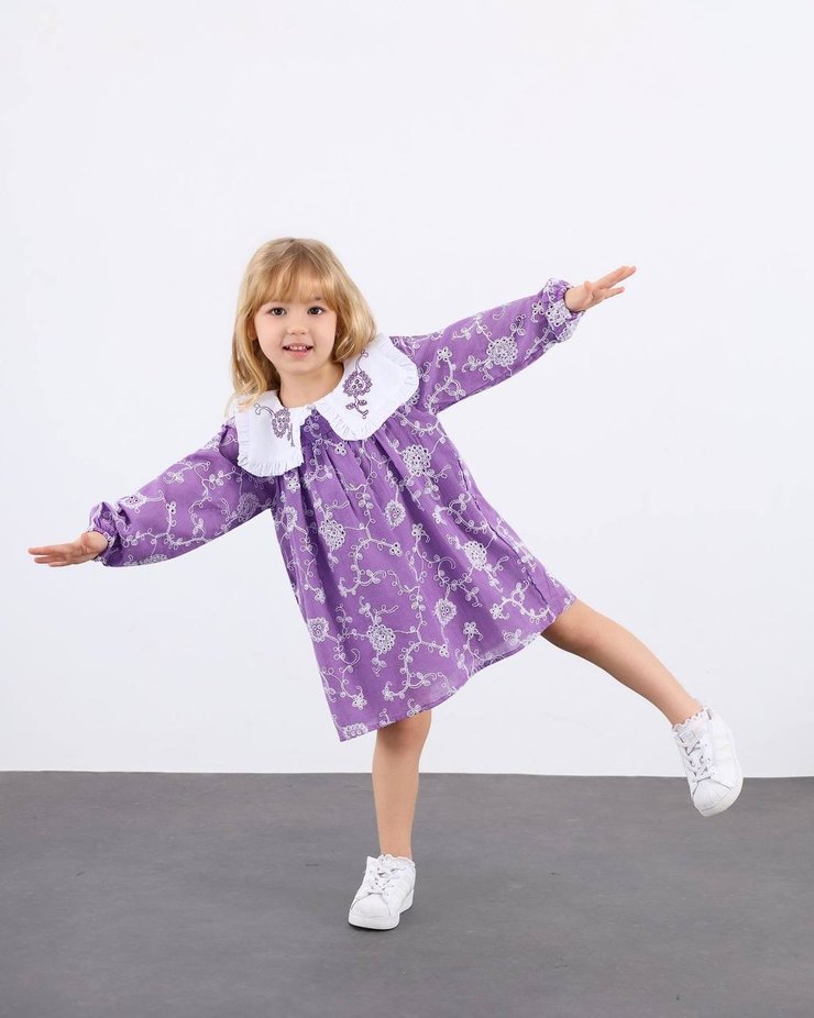 Lila Nakışlı Uzun Kollu Bohem Kız Elbisesi - Görsel 2