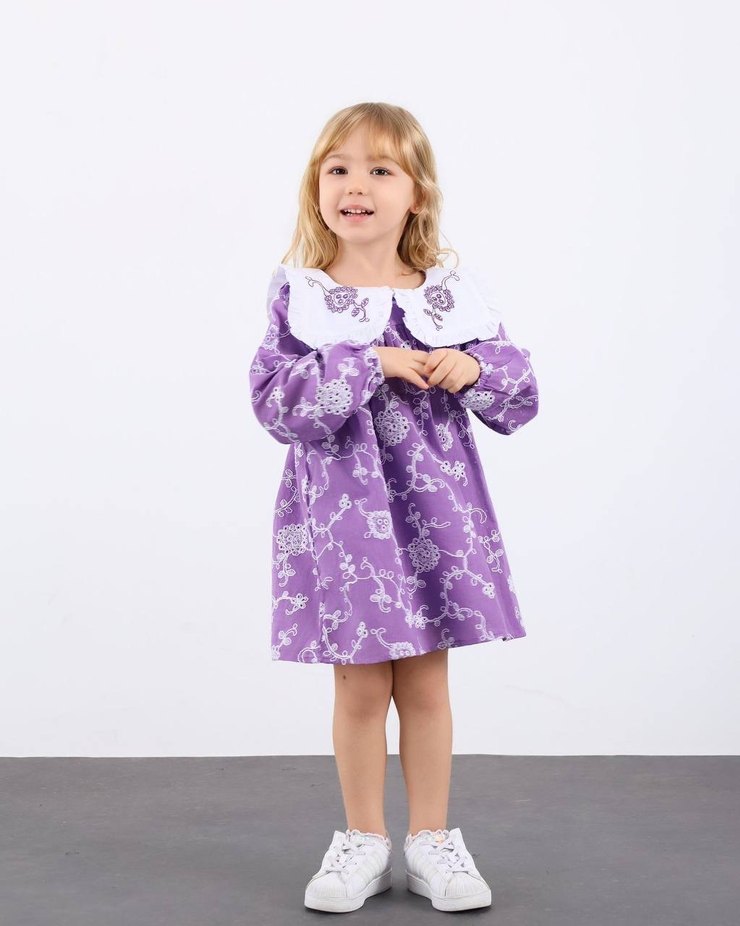 Lila Nakışlı Uzun Kollu Bohem Kız Elbisesi - Görsel 3