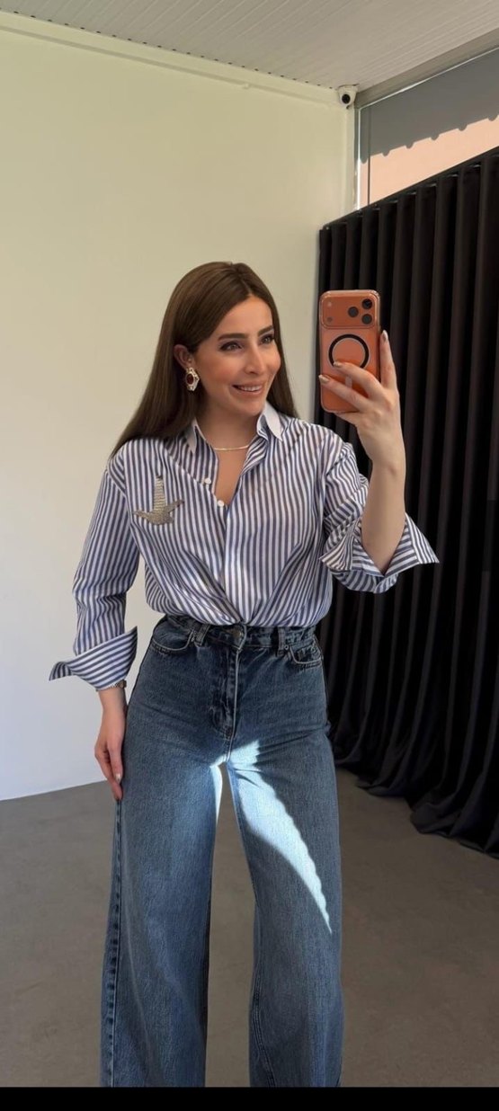 Mavi Çizgili Kadın Gömlek Beyaz Yaka - Görsel 5