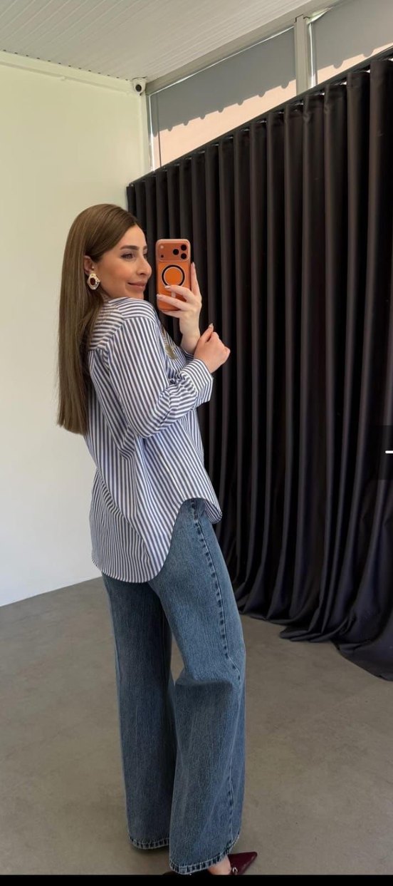 Mavi Çizgili Kadın Gömlek Beyaz Yaka - Görsel 3