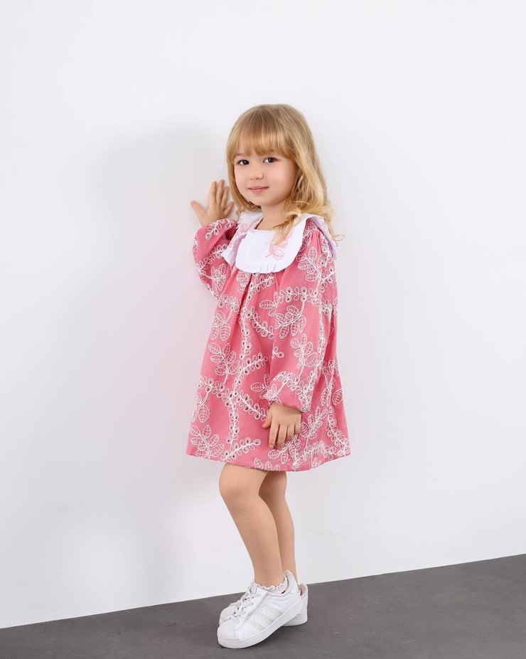 Kız Çocuk Lila Nakışlı Bohem Elbise - Görsel 4