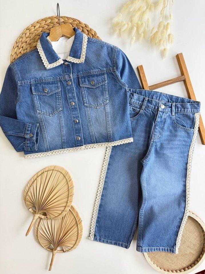 Kız Çocuk Mavi Batik Desenli Denim Ceket - Görsel 3