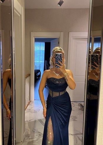 Lacivert Strappy Uzun Drapeli Gece Elbisesi