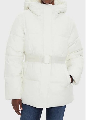 Calvin Klein Beyaz Kemerli Midi Kadın Kışlık Mont