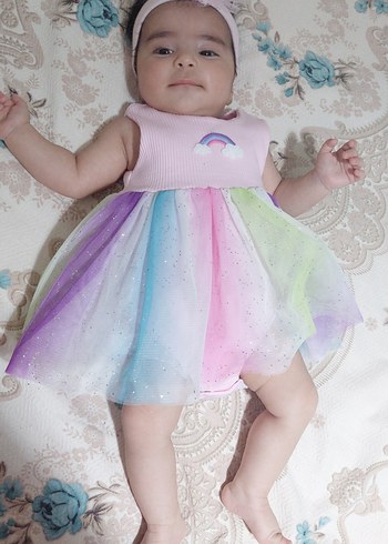 Pastel Renkli Parlak Tül Detaylı Bebek Elbisesi
