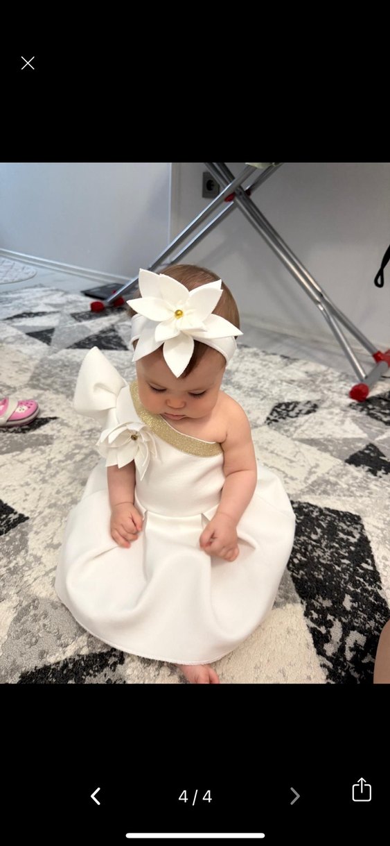 Çiçek Detaylı Beyaz Kız Çocuk Elbise - Görsel 3