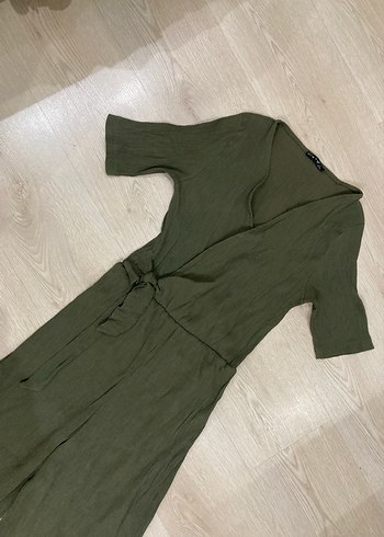 Kadın Haki Keten V Yaka Salaş Tulum - Görsel 3