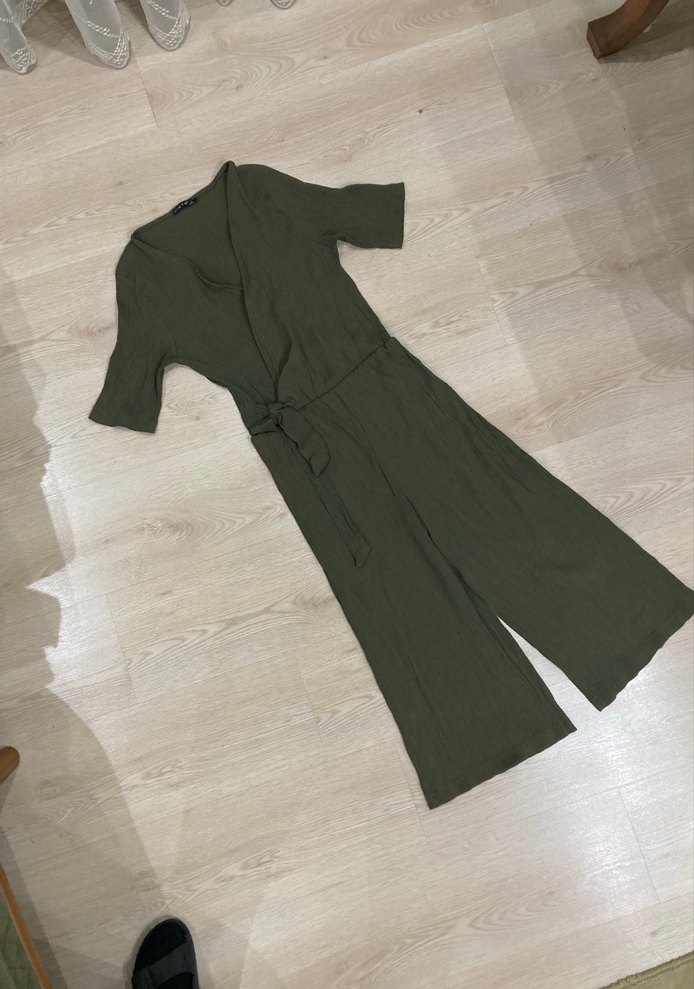 Kadın Haki Keten V Yaka Salaş Tulum - Görsel 2