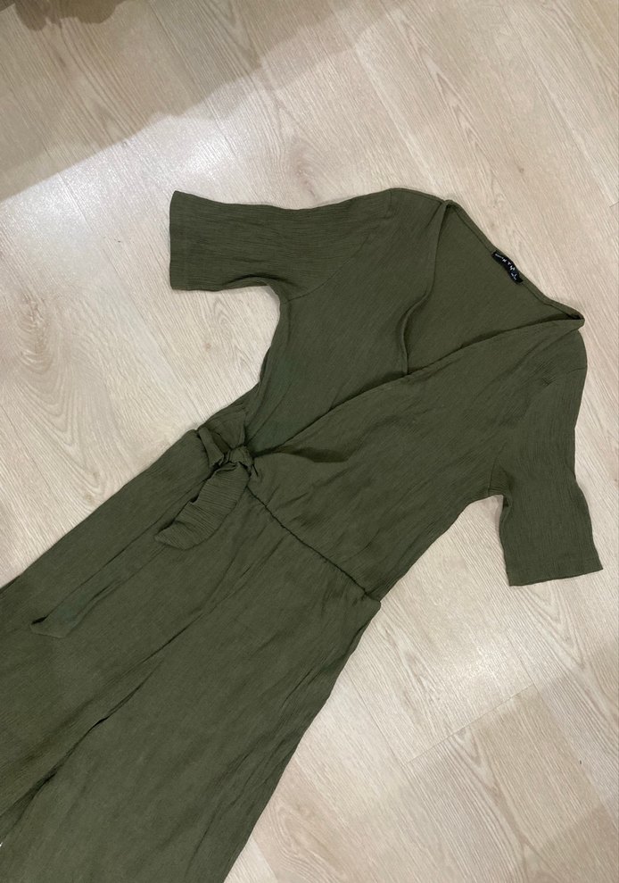 Kadın Haki Keten V Yaka Salaş Tulum - Görsel 3