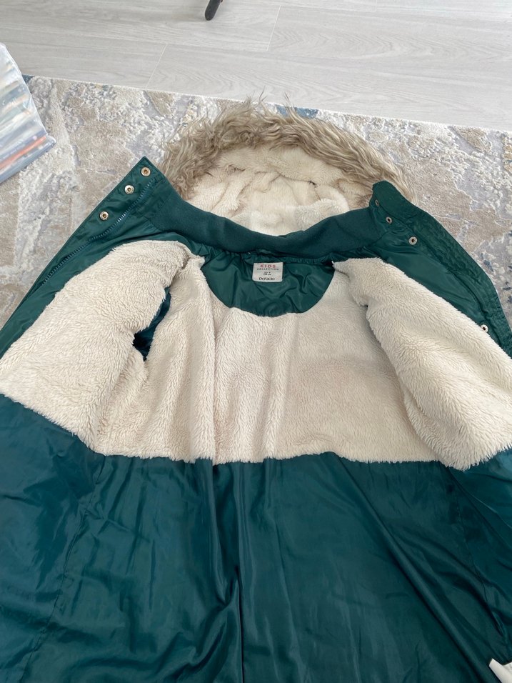 Kürklü Kapüşonlu Yeşil Kısa Kaban - Görsel 3