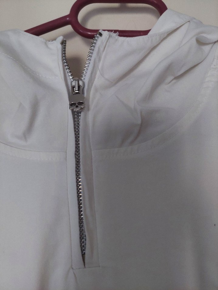 Kapüşonlu Fermuarlı Beyaz Midi Tunik - Görsel 4