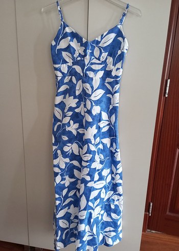 Mavi Beyaz Desenli Uzun Askılı Elbise - Görsel 5