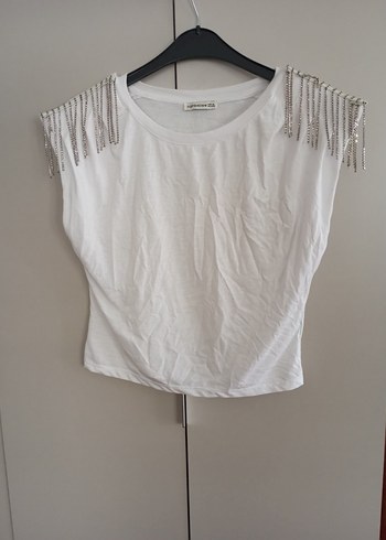Topshop Omuzları Payetli Kısa Kollu Beyaz Bluz