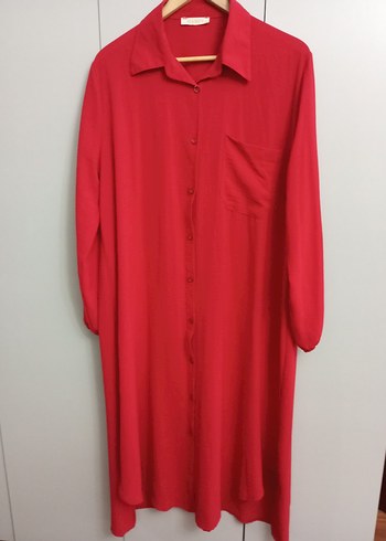Düğmeli Kırmızı Uzun Kadın gömlek Tunik - Görsel 6