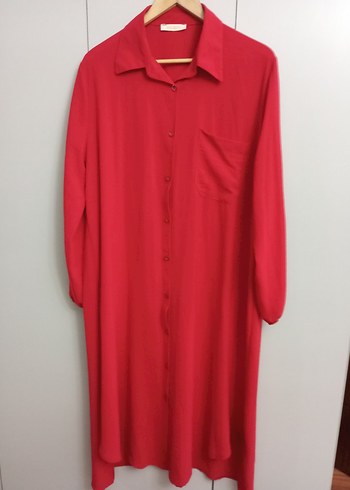 Düğmeli Kırmızı Uzun Kadın gömlek Tunik - Görsel 4