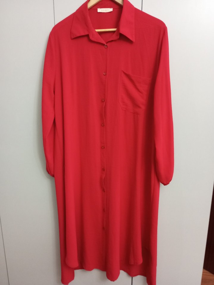 Düğmeli Kırmızı Uzun Kadın gömlek Tunik - Görsel 5