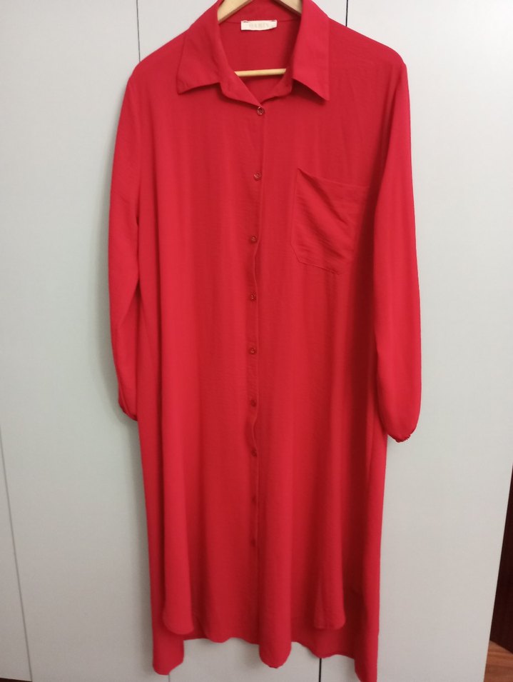 Düğmeli Kırmızı Uzun Kadın gömlek Tunik - Görsel 2