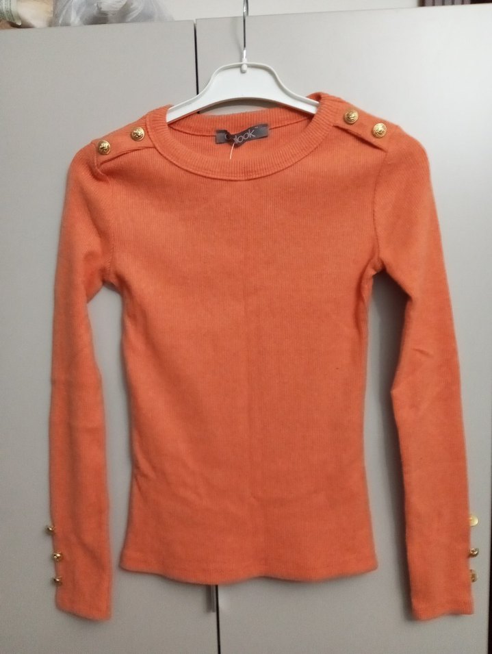 Düğmeli Turuncu Kadın İnce Triko Kazak - Görsel 2