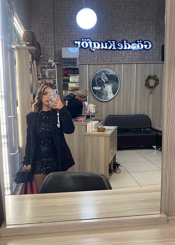 xs Beden Siyah Mini Parlak Kokteyl Elbise