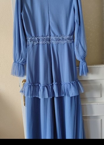 Mavi Uzun Kollu Fırfırlı Nakışlı Elbise - Görsel 3