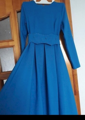 Mavi Uzun Kollu Piliseli Kadın Elbise - Görsel 2