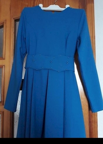 Mavi Uzun Kollu Piliseli Kadın Elbise - Görsel 3