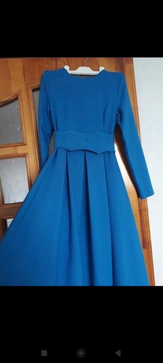 Mavi Uzun Kollu Piliseli Kadın Elbise - Görsel 2