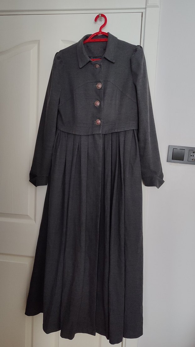 Düğmeli Uzun Gri Kadın Kaban kışlık pardesü abacı - Görsel 2