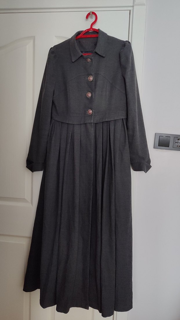 Düğmeli Uzun Gri Kadın Kaban kışlık pardesü abacı - Görsel 3