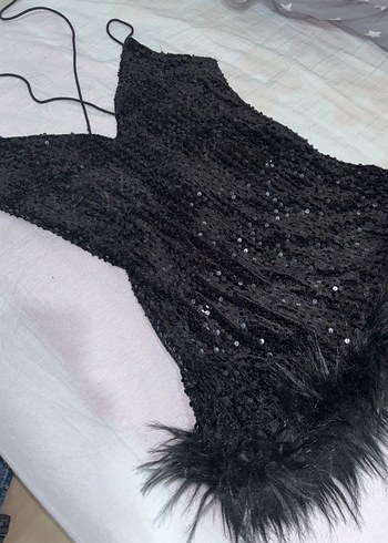 Sheinside Kürk Detaylı Siyah Mini İnce Askılı Abiye Elbise