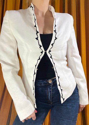 Nakışlı Beyaz Midi Keten Blazer