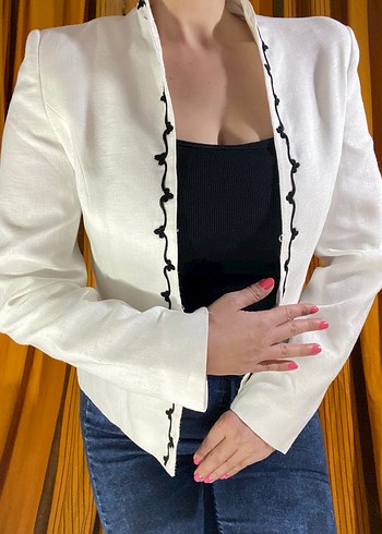 Diğer Nakışlı Beyaz Midi Keten Blazer