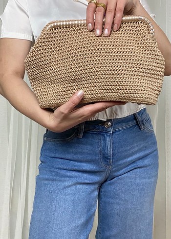 Bej Örgü Kadın Clutch Çanta - Görsel 7