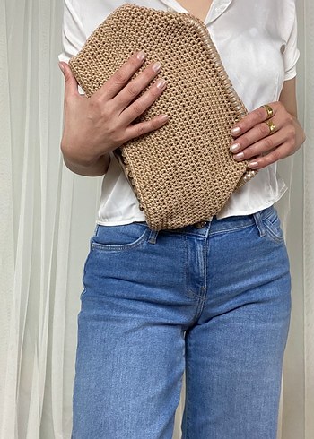 Bej Örgü Kadın Clutch Çanta - Görsel 2