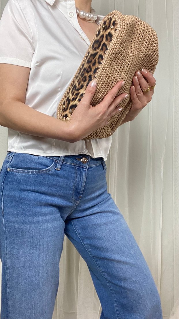 Bej Örgü Kadın Clutch Çanta - Görsel 5