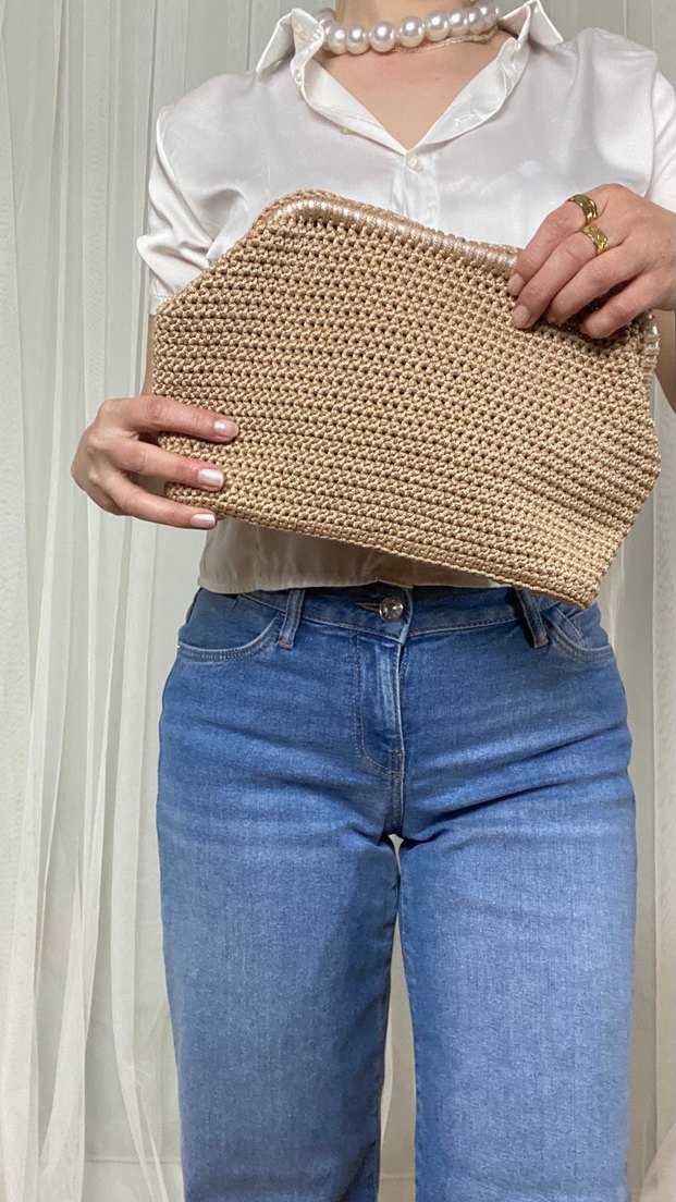 Bej Örgü Kadın Clutch Çanta - Görsel 3