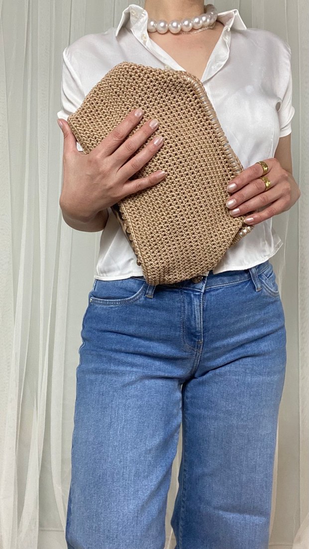 Bej Örgü Kadın Clutch Çanta - Görsel 2