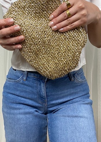 Parlak Altın Renk Örgü Kadın Clutch Çanta - Görsel 2
