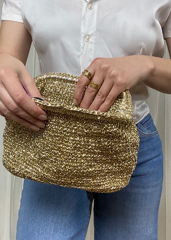 Parlak Altın Renk Örgü Kadın Clutch Çanta - Görsel 4