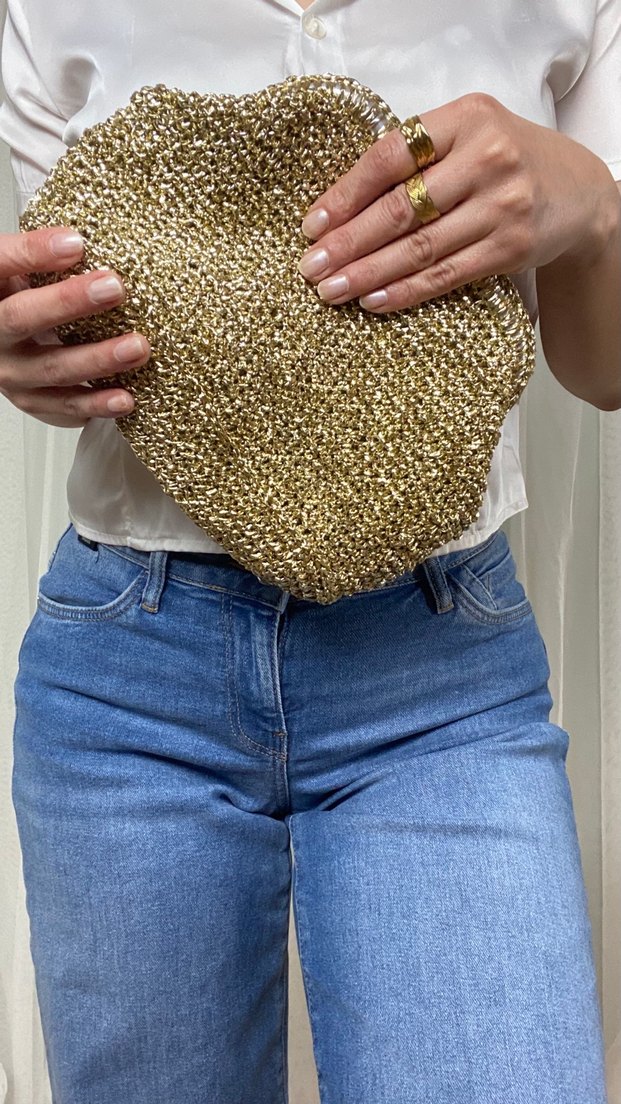 Parlak Altın Renk Örgü Kadın Clutch Çanta - Görsel 2