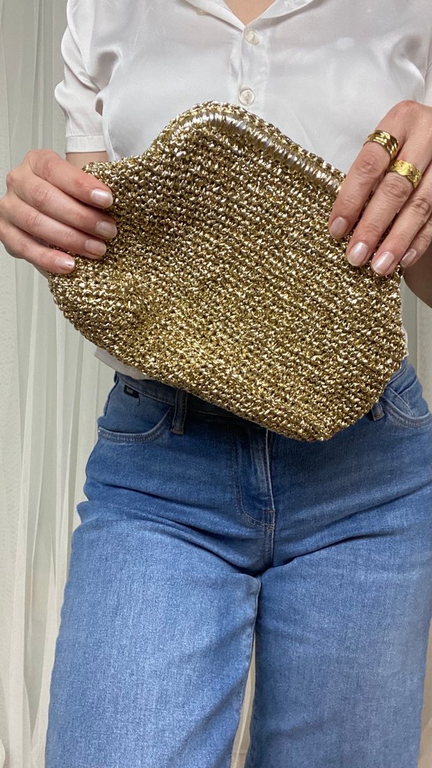 Parlak Altın Renk Örgü Kadın Clutch Çanta - Görsel 5