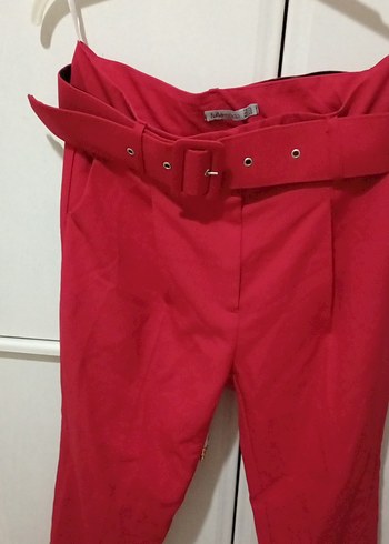 Kemerli Kırmızı Kadın Kumaş Pantolon - Görsel 7