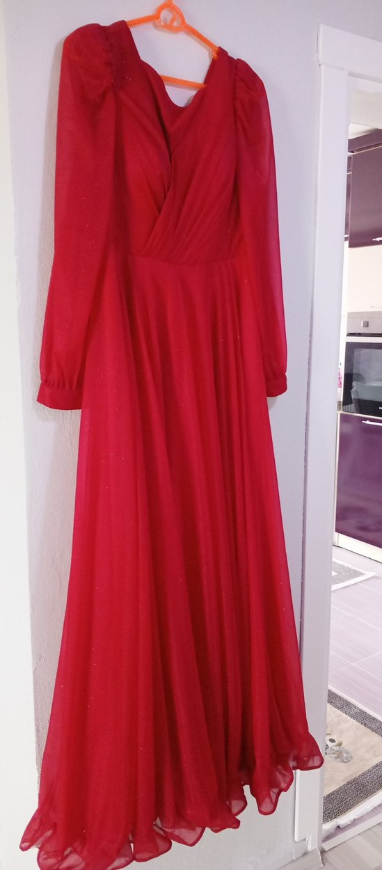Kırmızı  Uzun Abiye Elbise simli - Görsel 3